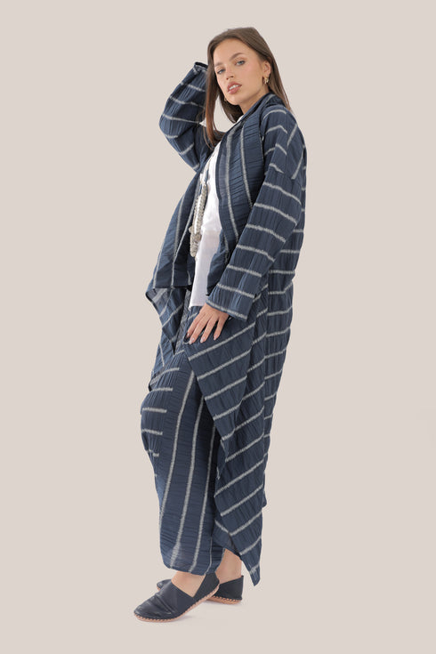 Striped coat with draped collar and long sleeves